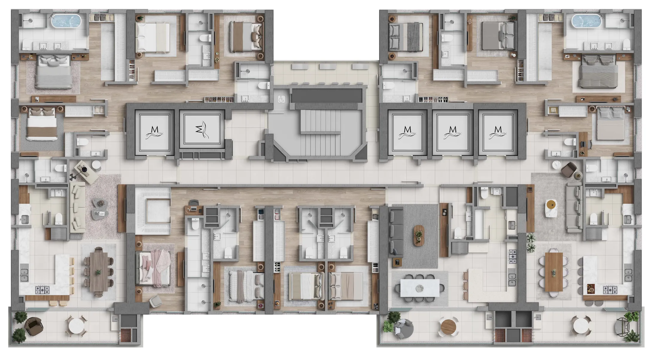 Pavimento Tipo A, com os três apartamentos do andar